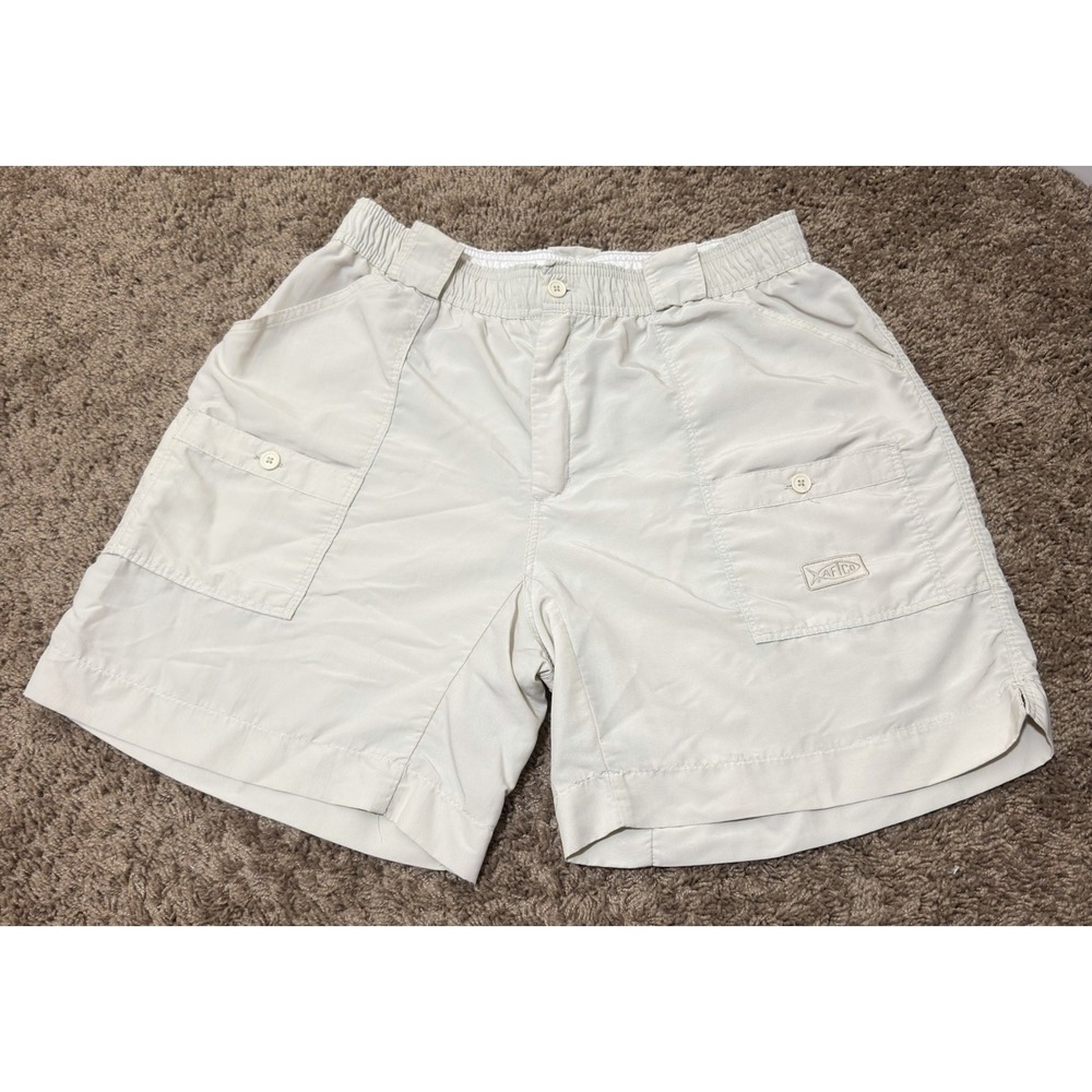 AFTCO Cream Nylon Elastic Waist Fishing Utility Cargo Shorts Size 36